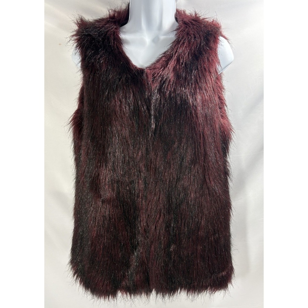 Say What Faux Fur Vest M Burgundy Maroon Shaggy Lined Hook Eye Open Front FLAW